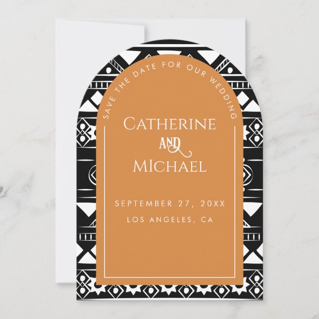 Modern Boho Pattern Wedding Photo Arch Orange Save The Date (Front)