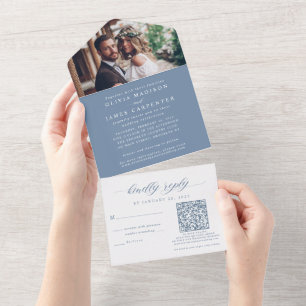 Modern Boho Photo RSVP QR Code Dusty Blue Wedding All In One Invitation