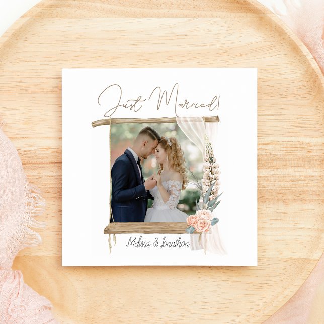Modern Boho Pink Elegant Floral Just Married Holiday Card (Creator Uploaded)