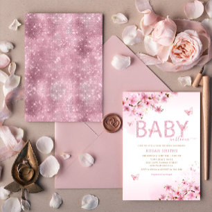 Modern Boho Pink Floral Butterfly Girl Baby Shower Invitation