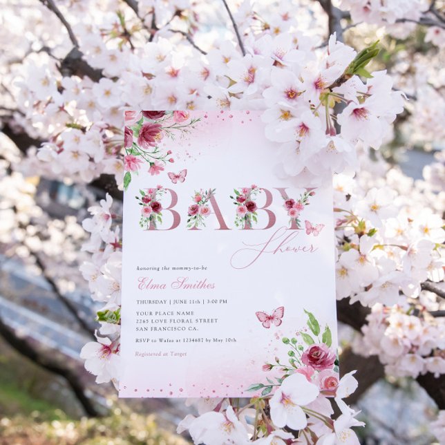 Modern Boho Pink Floral Butterfly Girl Baby Shower Invitation (Creator Uploaded)