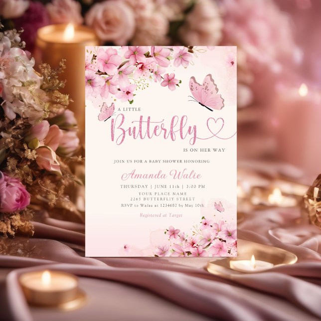 Modern Boho Pink Floral Butterfly Girl Baby Shower Invitation (Creator Uploaded)