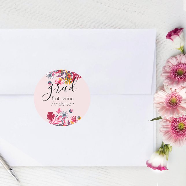 Modern Boho Pink Floral Grad Classic Round Sticker (Creator Uploaded)