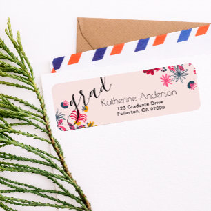 Modern Boho Pink Floral Graduation Return Address Label