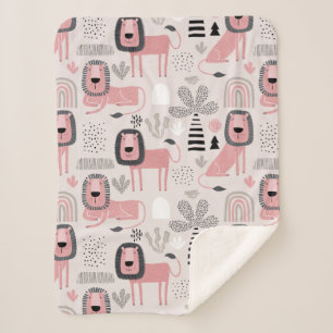 Modern Boho Pink Lions Rainbows Sherpa Blanket