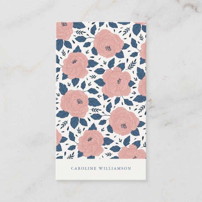 Modern Boho Pink Navy Blue Botanical Flowers  Business Card (Front)
