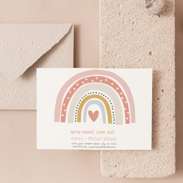 Modern Boho Pink Rainbow Moving Announcement Postcard (Get into the holiday spirit with a heartfelt christmas post card! 🎅)