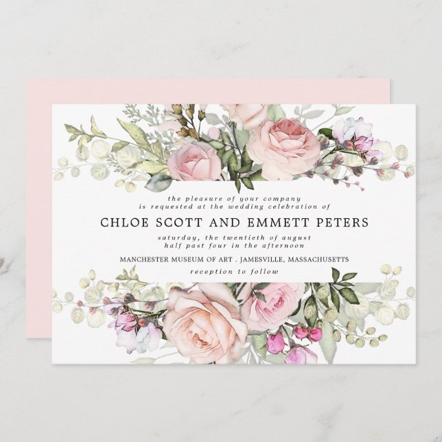 Modern Boho Pink Rose Floral Wedding Invitation (Front/Back)