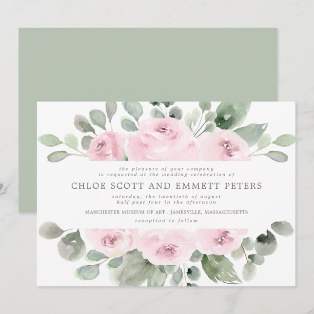 Modern Boho Pink Rose Floral Wedding Invitation (Front/Back)