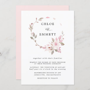 Modern Boho Pink Rose Wreath Wedding Invitation