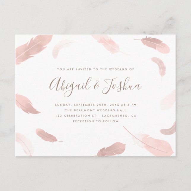 Modern Boho Pink Watercolor Feathers Wedding Invitation Postcard (Front)