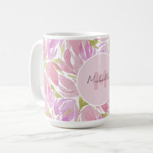 Modern Boho Pink Watercolor Flowers Monogram Coffee Mug