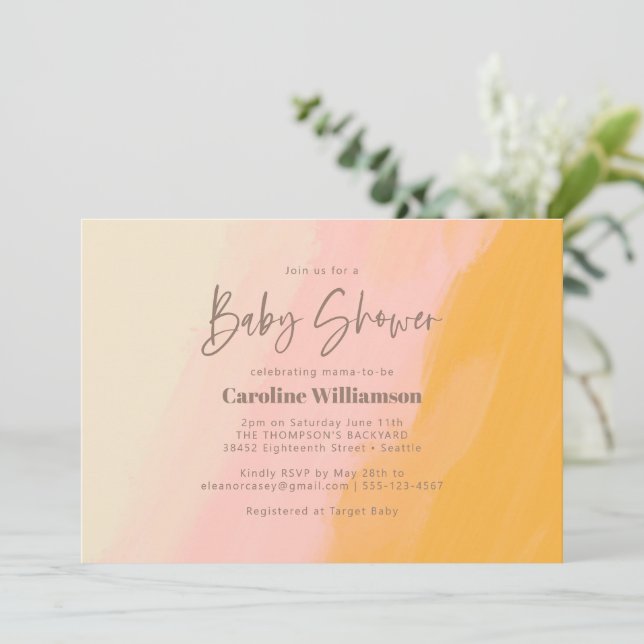 Modern Boho Pink Yellow Cute Script Baby Shower  Invitation (Standing Front)