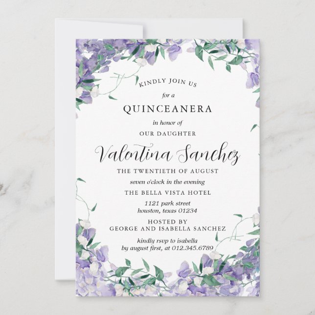 Modern Boho Purple Elegant Floral Quinceanera Invitation (Front)