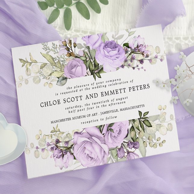 Modern Boho Purple Rose Floral Wedding Invitation (Creator Uploaded)