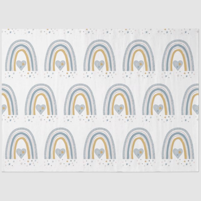 Modern BOHO Rainbow Stars Dusty Blue Mustard Boy Tissue Paper (Front)