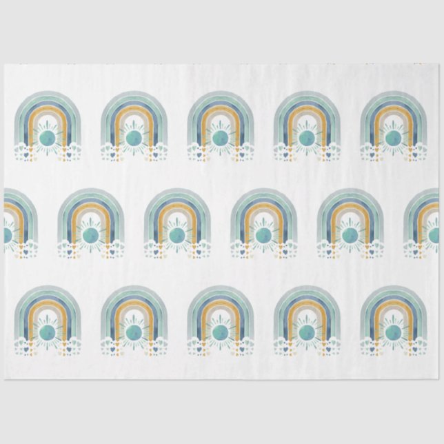 Modern BOHO Rainbow Sun Heart Dusty Blue Mustard Tissue Paper (Front)