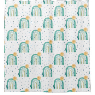 Modern Boho Rainbow Teal Blue Sun Moon Navy Stars  Shower Curtain