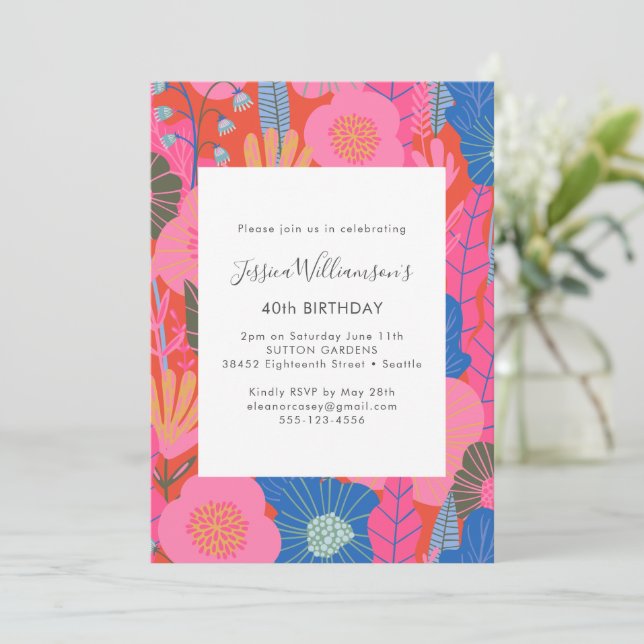 Modern Boho Red Floral 40th Birthday Party Invitation (Standing Front)
