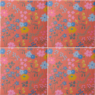 Modern Boho Red Floral Pattern Ceramic Tile