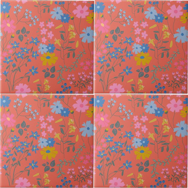 Modern Boho Red Floral Pattern Ceramic Tile (Modern Boho Red Floral Pattern Ceramic Tile)