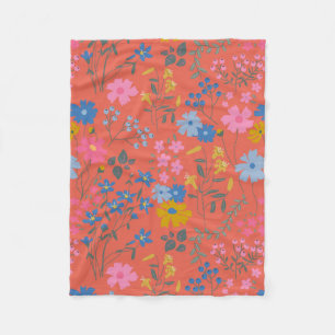 Modern Boho Red Floral Wildflowers Fleece Blanket