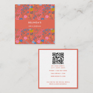 Modern Boho Red Floral Wildflowers QR Code Square Business Card