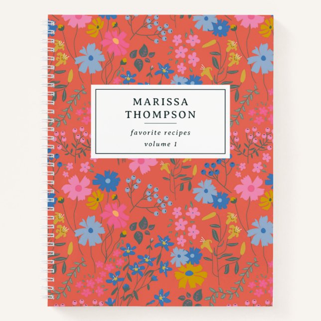 Modern Boho Red Floral Wildflowers Recipe Notebook (Front)