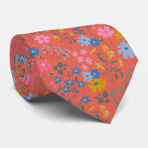 Modern Boho Red Floral Wildflowers Tie