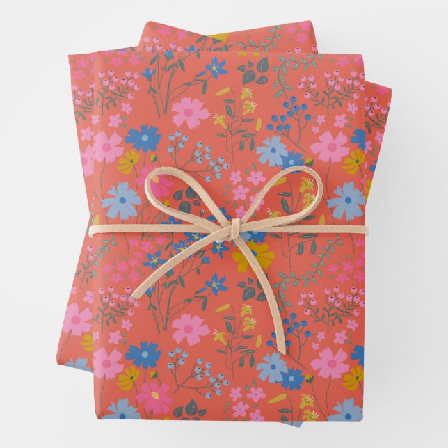 Modern Boho Red Floral Wildflowers Wrapping Paper Sheet (In situ)