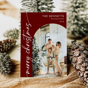 Modern Boho Red Merry Christmas Arch Photo Holiday Card