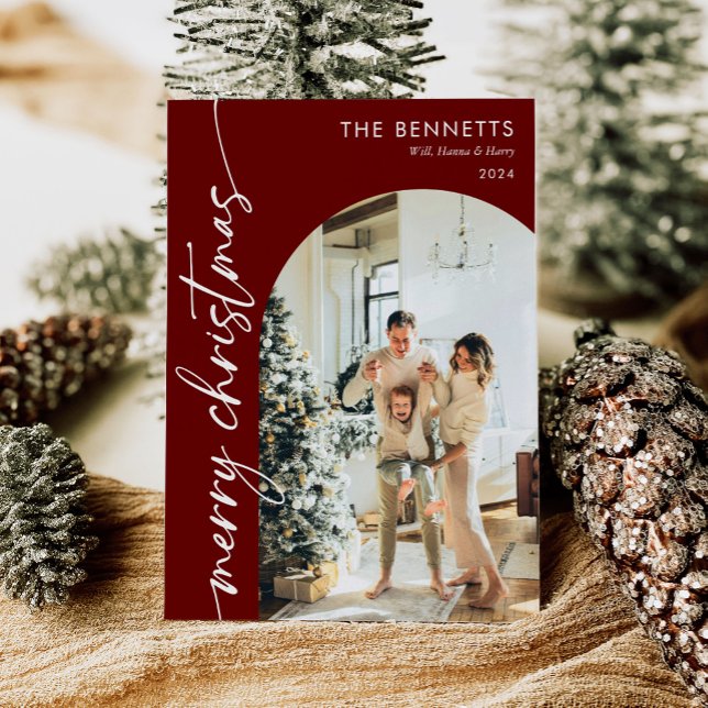 Modern Boho Red Merry Christmas Arch Photo Holiday Card (Creator Uploaded)
