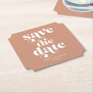 Modern Boho Retro Typography Wedding Save the Date Paper Coaster