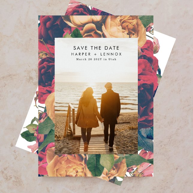 Modern Boho Roses Editable Photo Save The Date (Creator Uploaded)