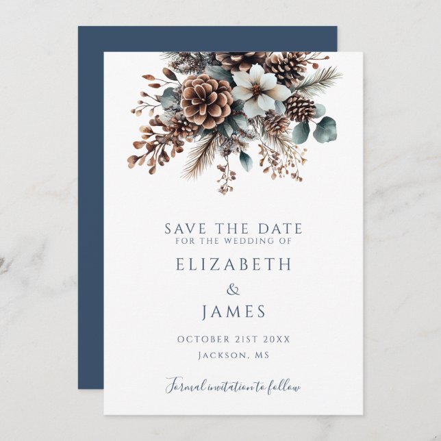 Modern Boho Rustic Floral Pinecones Wedding Save The Date (Front/Back)