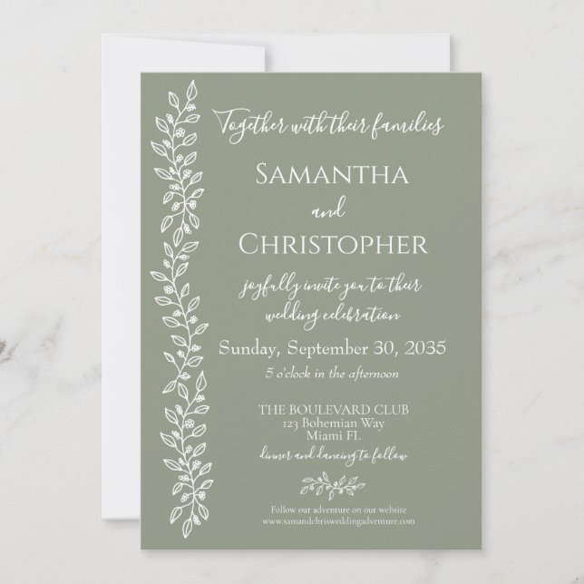 Modern Boho Sage Green Botanical Minimal Wedding Invitation (Front)