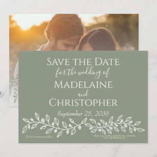 Modern Boho Sage Green Botanical Photo Wedding  Save The Date