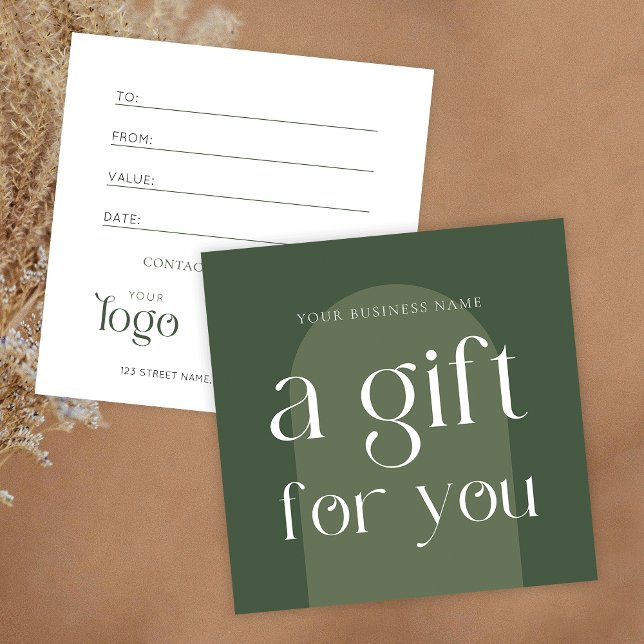 Modern Boho Sage Green Business Gift Certificate (Trendy sage green boho gift certificate design with modern display fonts and arch background)