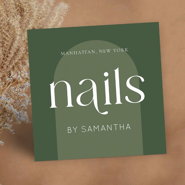 Modern Boho Sage Green Nail Artist Salon Manicure Square Business Card (Nails professional business cards in sage green with arch background and trendy display font)