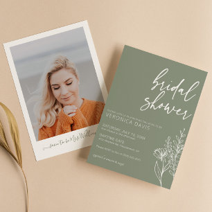 Modern Boho Sage Green Photo Bridal Shower Minimal Invitation