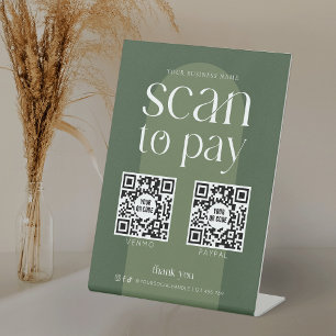 Modern Boho Sage Green Scan To Pay 2 QR Codes Pedestal Sign