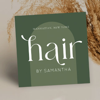 Modern Boho Sage Green Unique Hair Stylist Salon Square Business Card