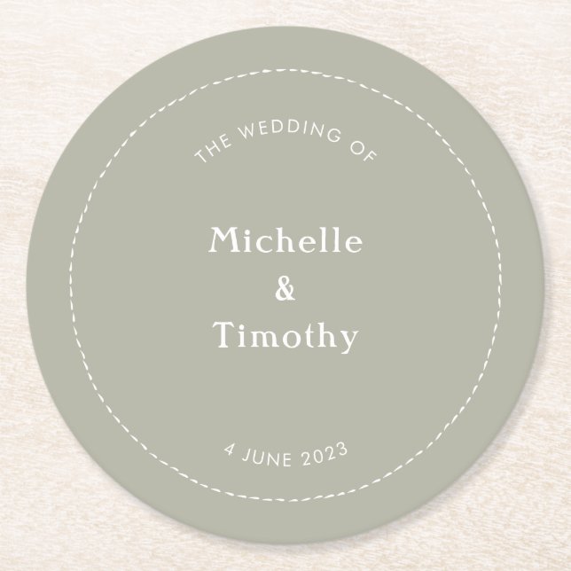 Modern Boho Sage Green Wedding Party Paper Coaster (Front)