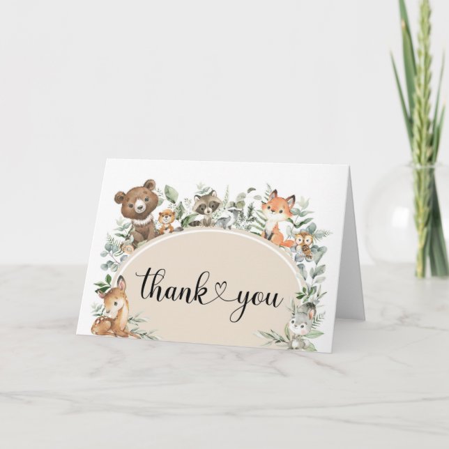 Modern Boho Sage Green Woodland Forest Animals Thank You Card (Front)