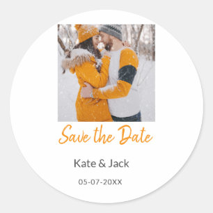 Modern boho save the date add QR name date orange Classic Round Sticker