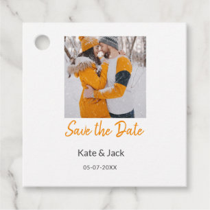 Modern boho save the date add QR name date orange Favour Tags
