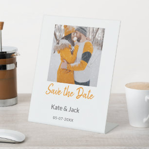 Modern boho save the date add QR name date orange  Pedestal Sign