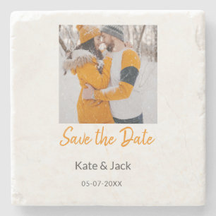 Modern boho save the date add QR name date orange Stone Coaster