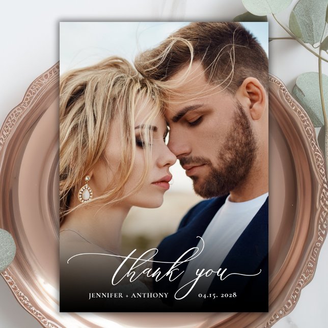 Modern Boho Script 2 Photo Wedding Thank You Card (Creator Uploaded)