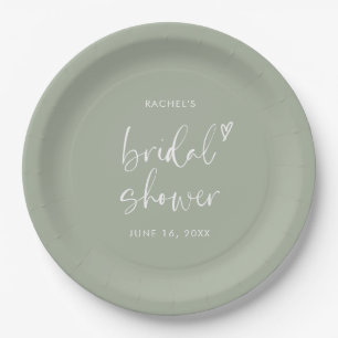 Modern Boho Script Sage Green Bridal Shower  Paper Plate